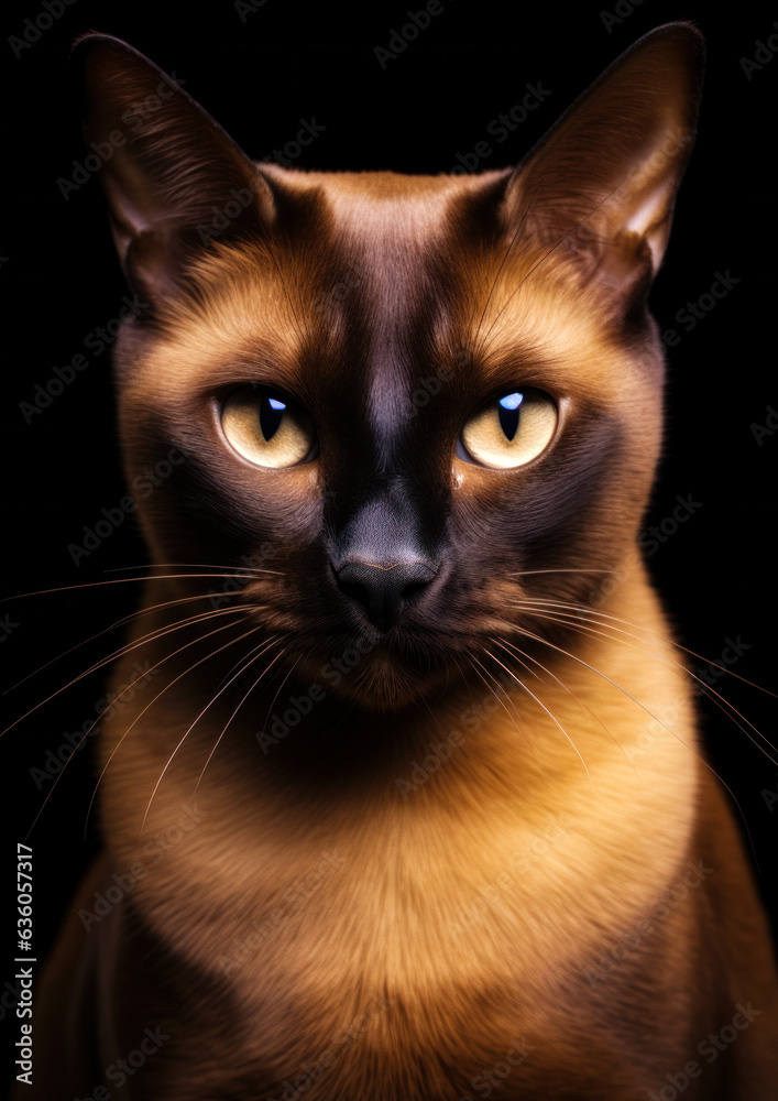 Animal portrait of a burmese cat on a black background conceptual for frame