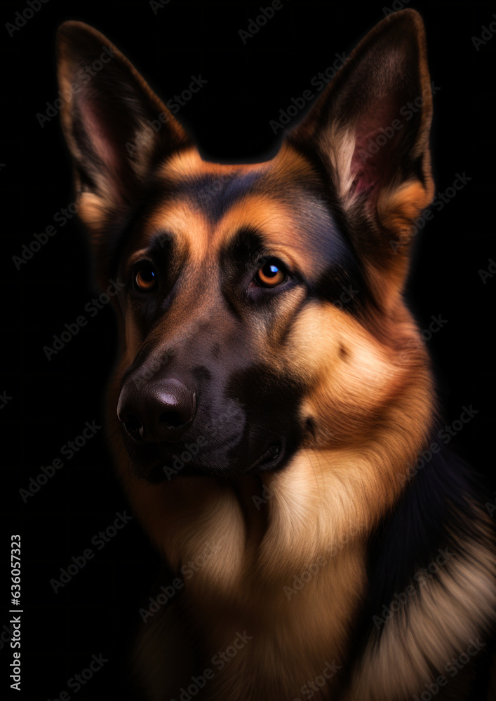 Animal portrait of a german shepherd dog on a black background conceptual for frame