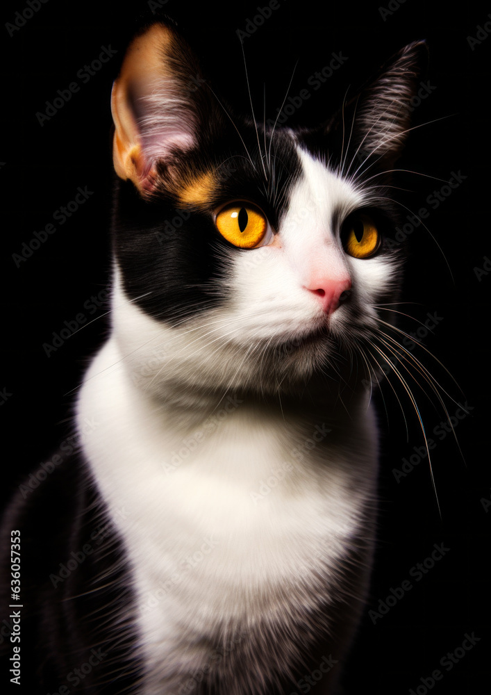 Animal portrait of a japanese bobtail cat on a black background conceptual for frame