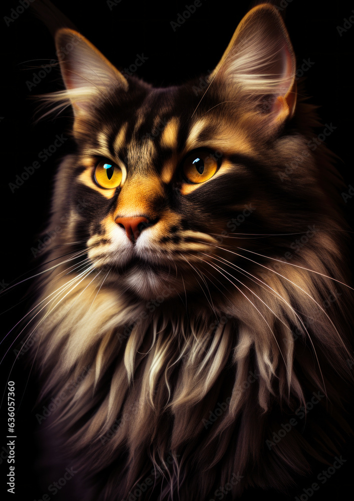 Animal portrait of a maine coon cat on a black background conceptual for frame