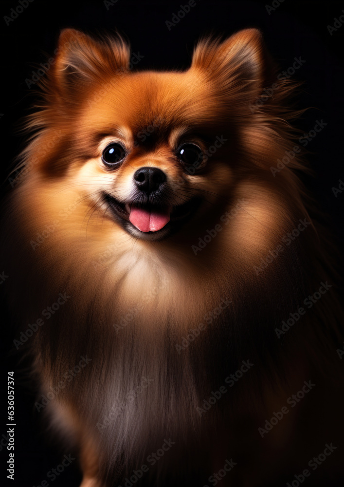 Animal portrait of a pomeranian dog on a black background conceptual for frame