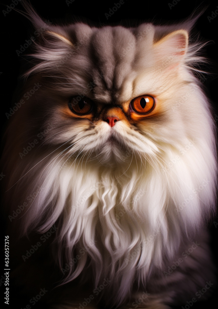 Animal portrait of a persian cat on a black background conceptual for frame