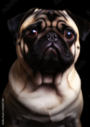 Animal portrait of a pug dog on a black background conceptual for frame