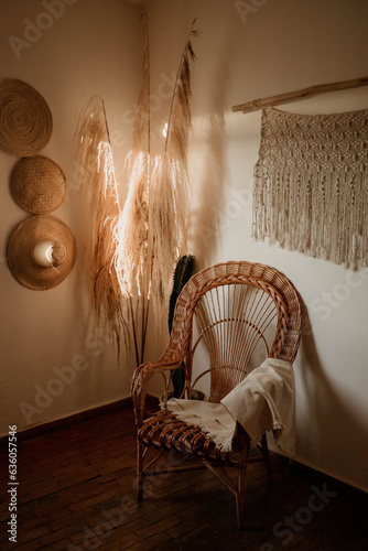 Scenery studio folk, Scenery for photography with natural sunlight entering the scene, and with a peacock chair and hats and pampas caoim