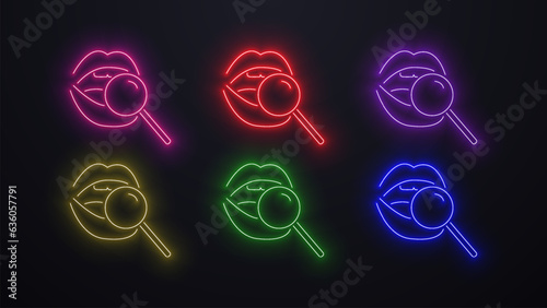 A set of neon glowing lip icons with a lollipop. Logo for a sex shop.