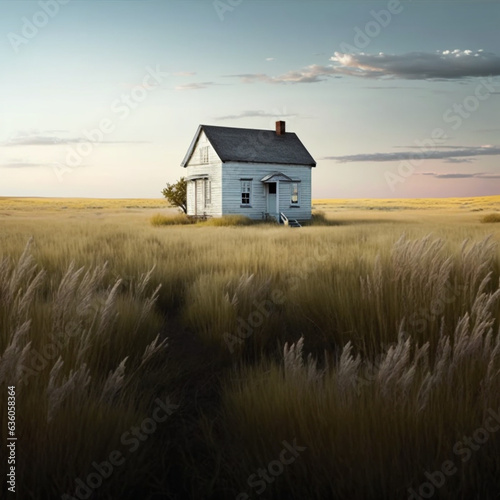 Wide shot of a small white clapboard house in the middle of a rural prairie
