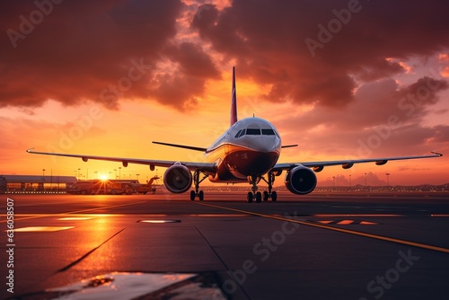 plane on the runway at sunset