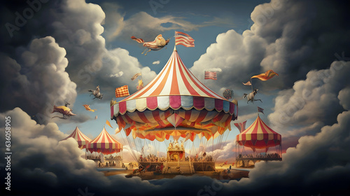 Flying circus surrounded by clouds, dreamy scene in the sky photo