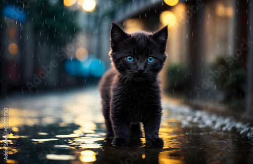 Adorable little black fluffy cat with blue eyes standing on the street under heavy rain, background, cute animals wallpaper, banner with copy space text 