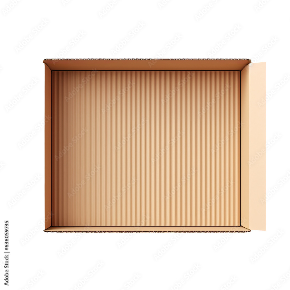 A transparent background highlights a rectangular open lid beige cardboard box