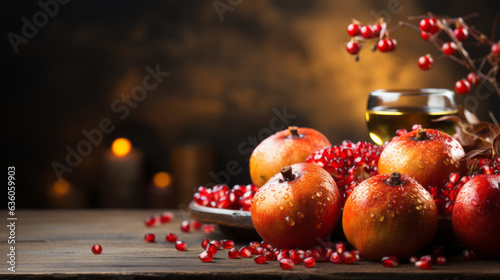 Photo Jewish holiday Rosh Hashanah background with copy space and pomegranate