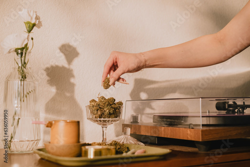 Record player display with cbd and thc infused joints photo