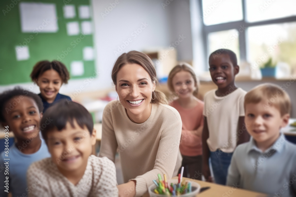 An empathetic primary school teacher devoted to her profession, surrounded by her multiracial students as they carry out a practical project in a school classroom. An empathetic primary school teacher devoted to her profession, surrounded by her multiracial students as they carry out a practical project in a school classroom.