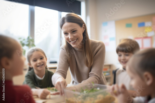 A primary school teacher attentively listens to her students as they complete practical tasks in a school classroom.