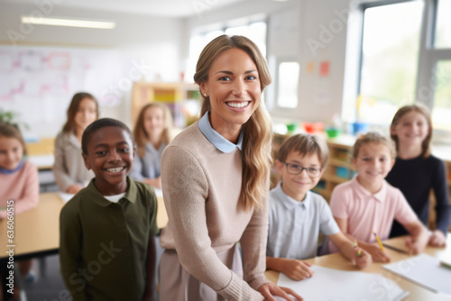 A dedicated teacher works with her multiracial young students with a passion for teaching as they carry out a practical project in the school classroom.