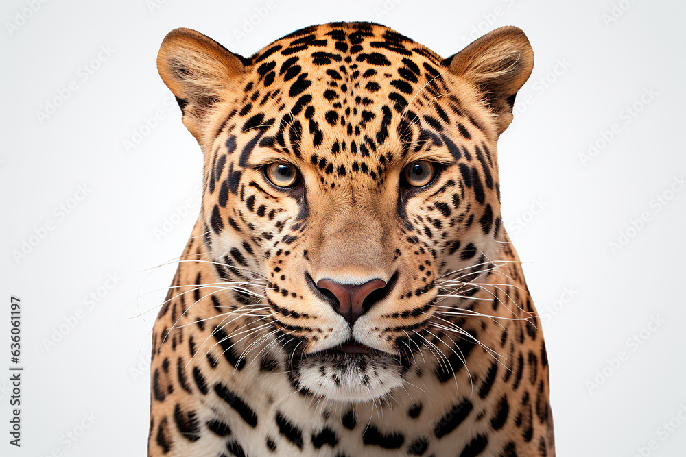 Jaguar isolated on a white background close-up portrait. Studio animal photography. Jaguar isolated on a white background close-up portrait. Studio animal photography.