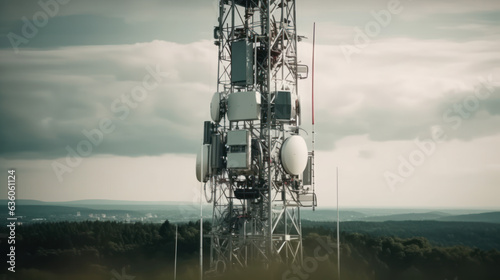Mobile telephony base station on communication tower. photo