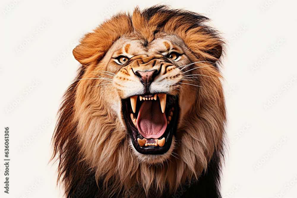 Lion roaring isolated on a white background close-up portrait. Studio animal photography.