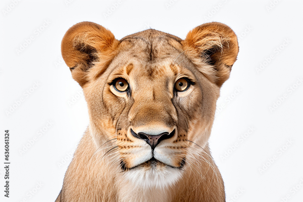 Lioness isolated on a white background close-up portrait. Studio animal photography. Lioness isolated on a white background close-up portrait. Studio animal photography.