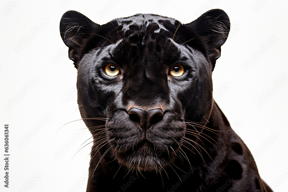 Black Panther isolated on a white background close-up portrait. Studio animal photography.