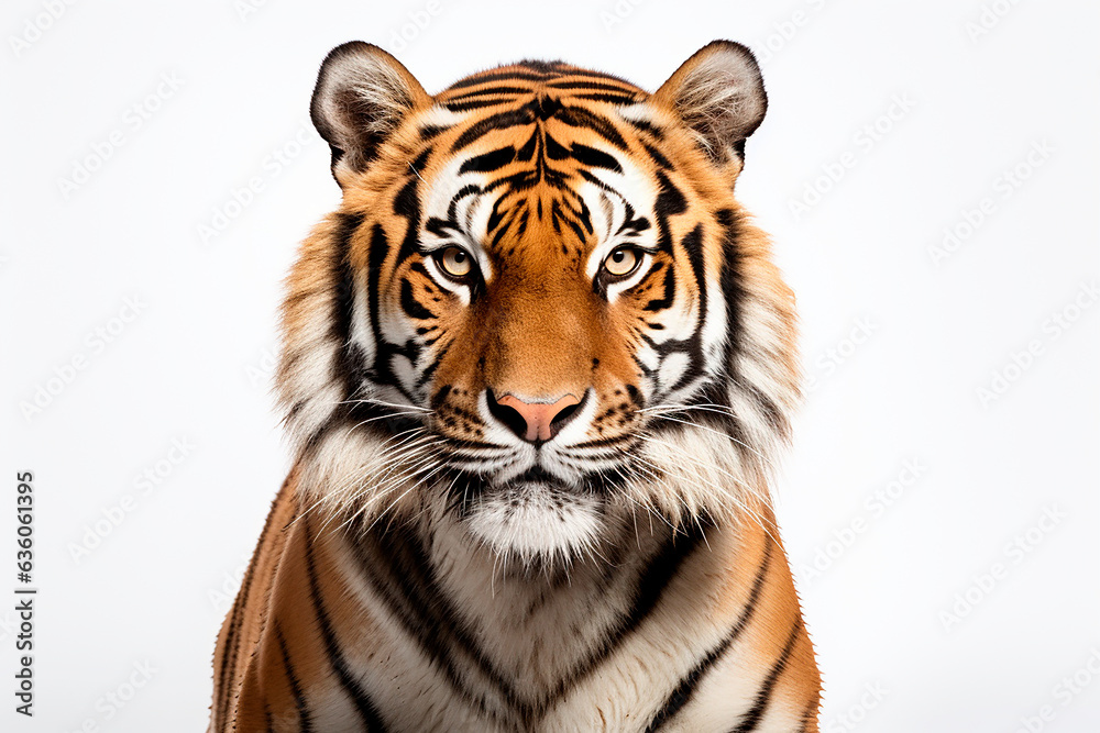 Tiger isolated on a white background close-up portrait. Studio animal photography. Tiger isolated on a white background close-up portrait. Studio animal photography.
