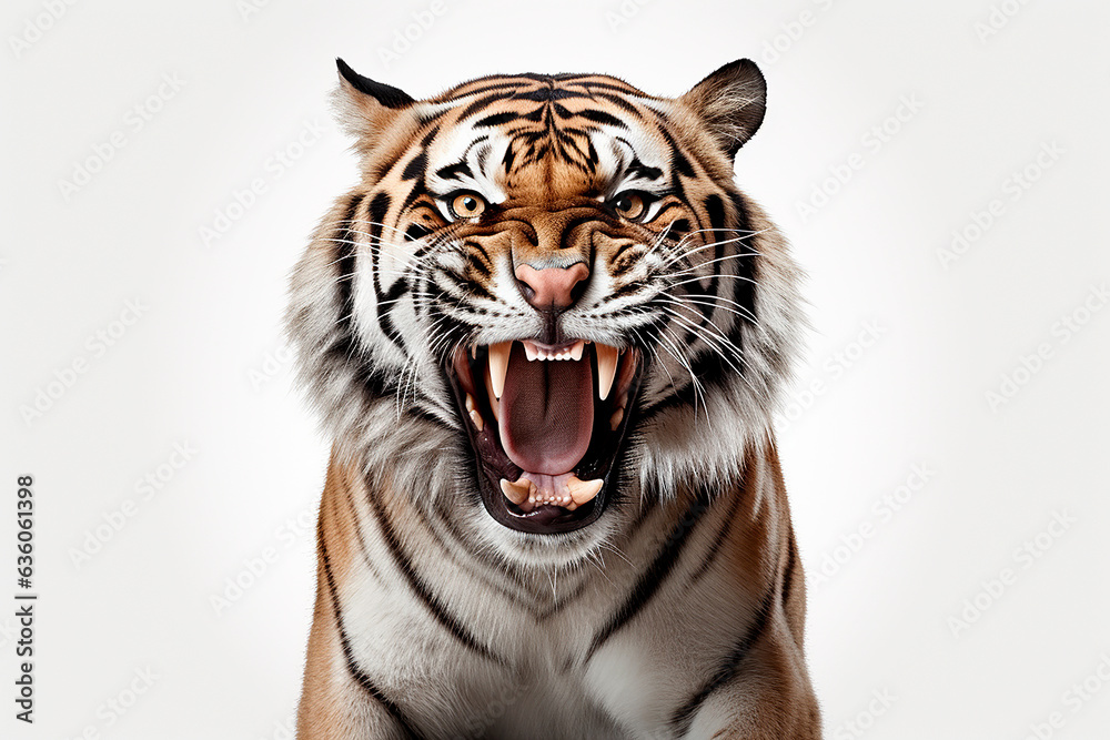 Fototapeta premium Tiger roaring isolated on a white background close-up portrait. Studio animal photography.