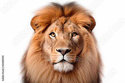 Lion isolated on a white background close-up portrait. Studio animal photography.