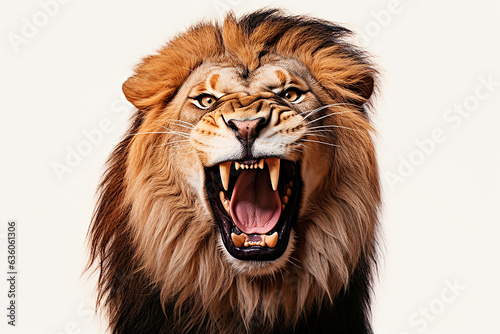 Lion roaring isolated on a white background close-up portrait. Studio animal photography.