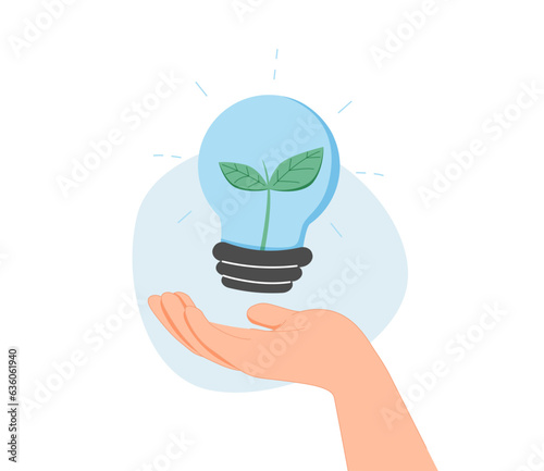 Sustainability illustration. Hand holding eco lightbulb with nature energy. Presenting ways to reduce CO2 emission