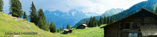 Panorama of a alpine cheese making spot with stunning view at Eiger Mönch and Jungfrau in Berner Oberland Switzerland
