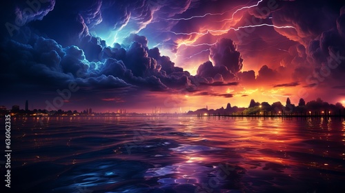 atmospheric phenomenon, lightning accompanied by thunder, rich colors, weather conditions of an impending storm. electrical discharges in the sky, Powerful cumulonimbus clouds.