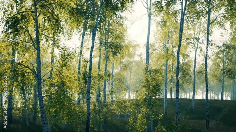 summer july view of birch grove in sunlight