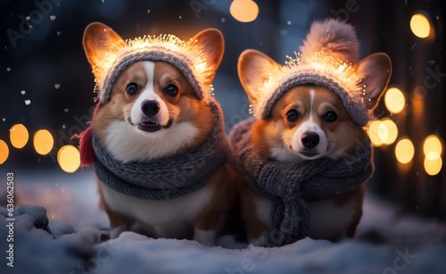 Two cute Corgi dogs sitting next to each other in the Park for a walk on a winter day in funny warm knitted hats