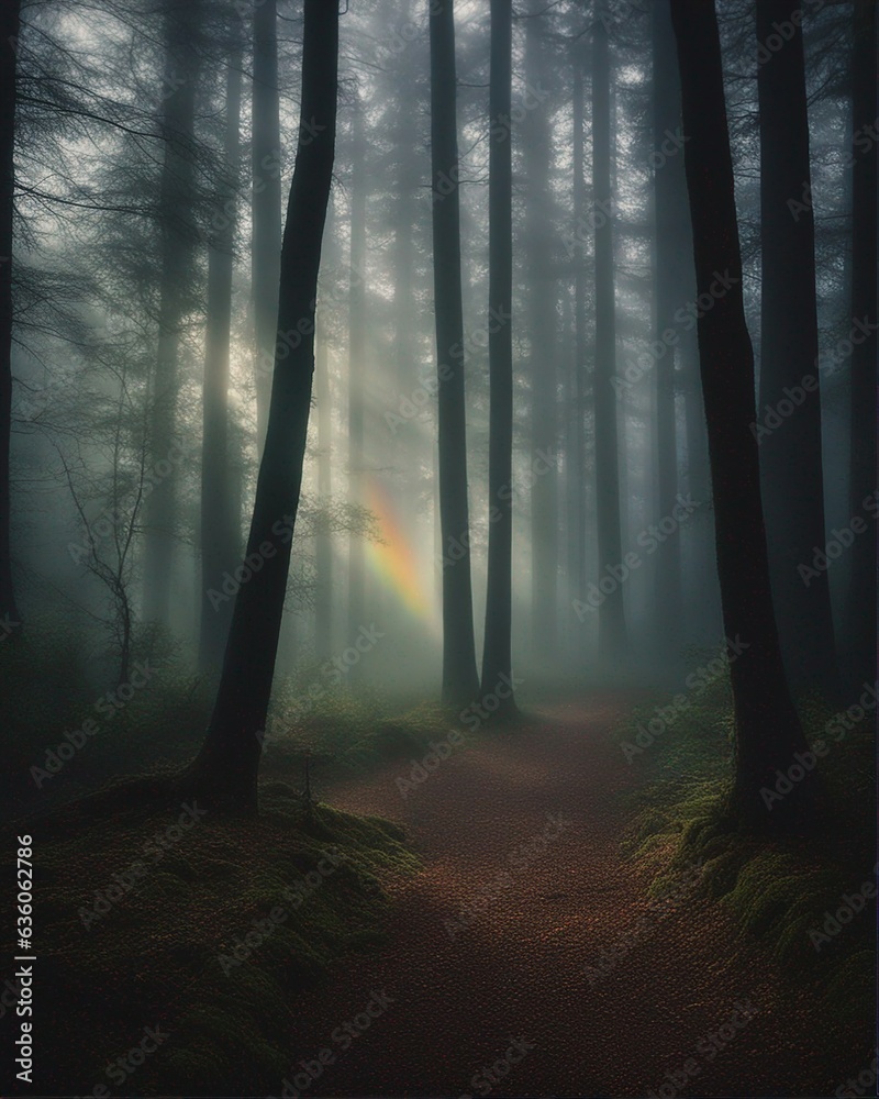sunrise in the forest, rainbow, foggy weather
