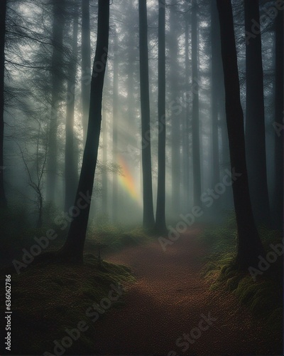 sunrise in the forest  rainbow  foggy weather 