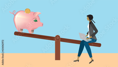 Girl, woman on teeter board with piggy bank. Balance in economy, woman sitting with laptop and making a plan. Dimension 16:9. Vector illustration.