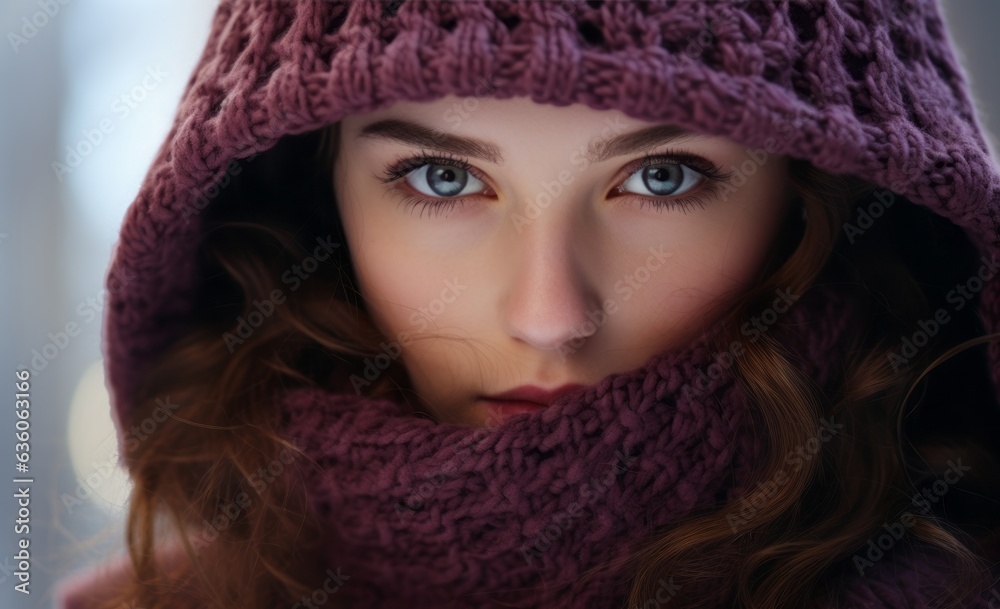 Beautiful woman with a knitted hat and scarf, winter Beautiful woman with a knitted hat and scarf, winter