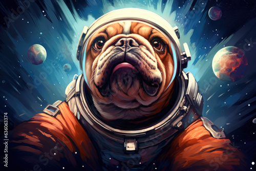 Commander Woofington MacNebula: The Interstellar Trailblazer - A Fearless Bulldog Astronaut, Suspended in the Vastness of Space, Earth a Spectacular Sphere on the Horizon, His Helmet Capturing the Daz