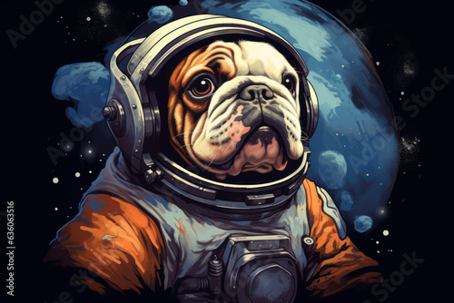 Captain Barkington MacCosmos: The Cosmic Canine Voyager - A Bulldog Astronaut Adrift in the Celestial Void, Earth Glistening from Afar, His Space Helmet Mirroring the Twinkling Stars of the Galaxy
