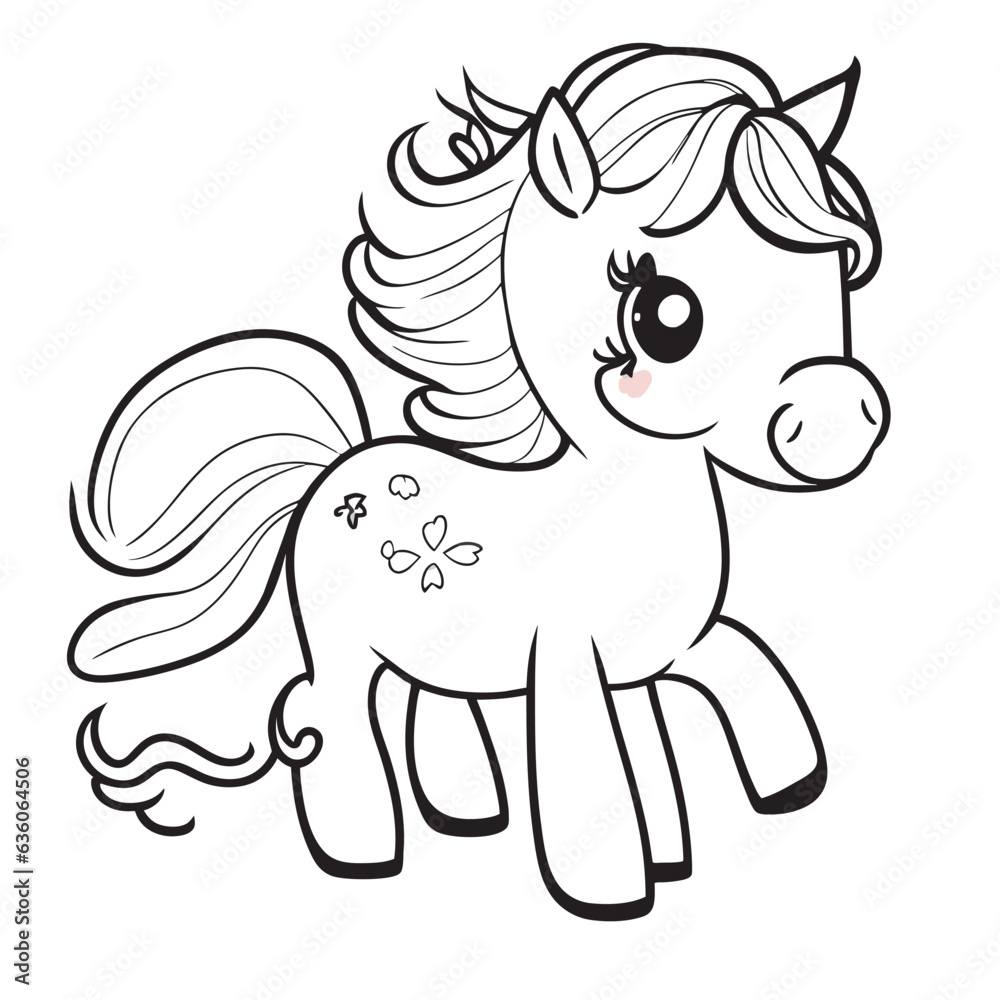 horse, cute, cheerful, nice, easy to color, childrens drawing, smiling, vector illustration line art