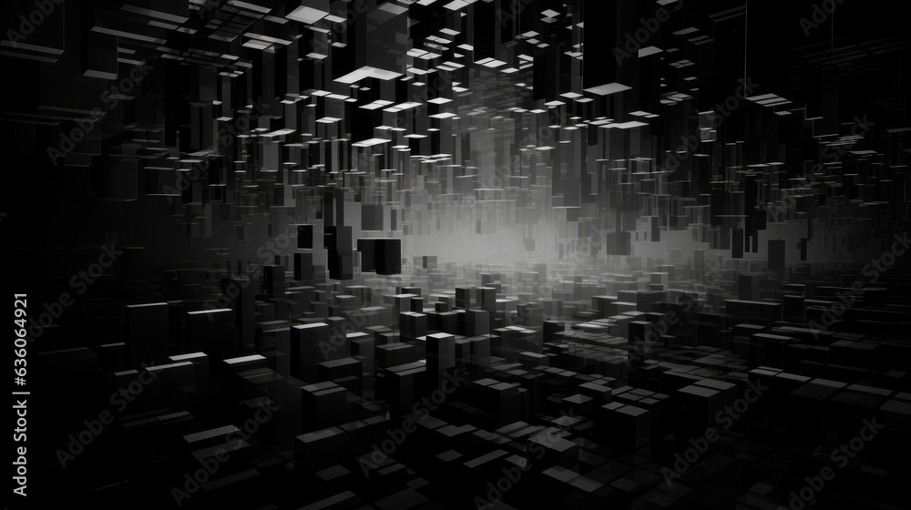 Fototapeta premium Flickering rapidlychanging visuals of chaotic monochromatic pixel shapes. Abstract wallpaper backgroun