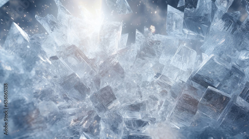 A frosty explosion of icy cubes glistening in a sparkling silver light. Abstract wallpaper backgroun