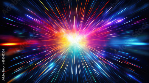 Multiple neon streaks of colour radiating out from a central point in a radiating star burst pattern. Abstract wallpaper backgroun