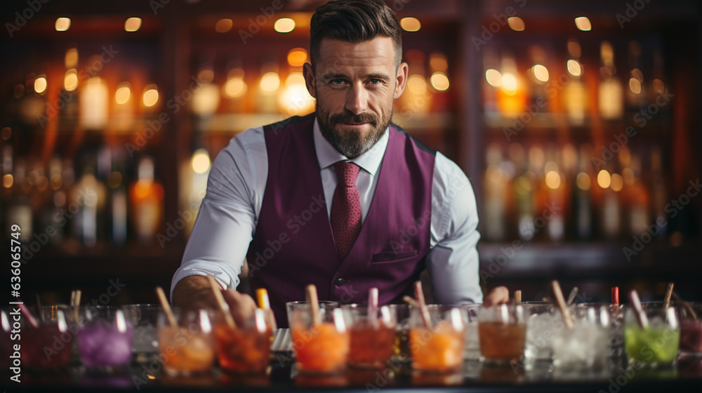 Concept of a barkeeper crafting some colorful drinks infront of his bar