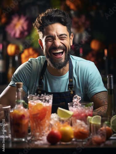 Concept of a barkeeper smiling, standing infront of a bar, presenting his drinks, portrait photo, good looking & good mood