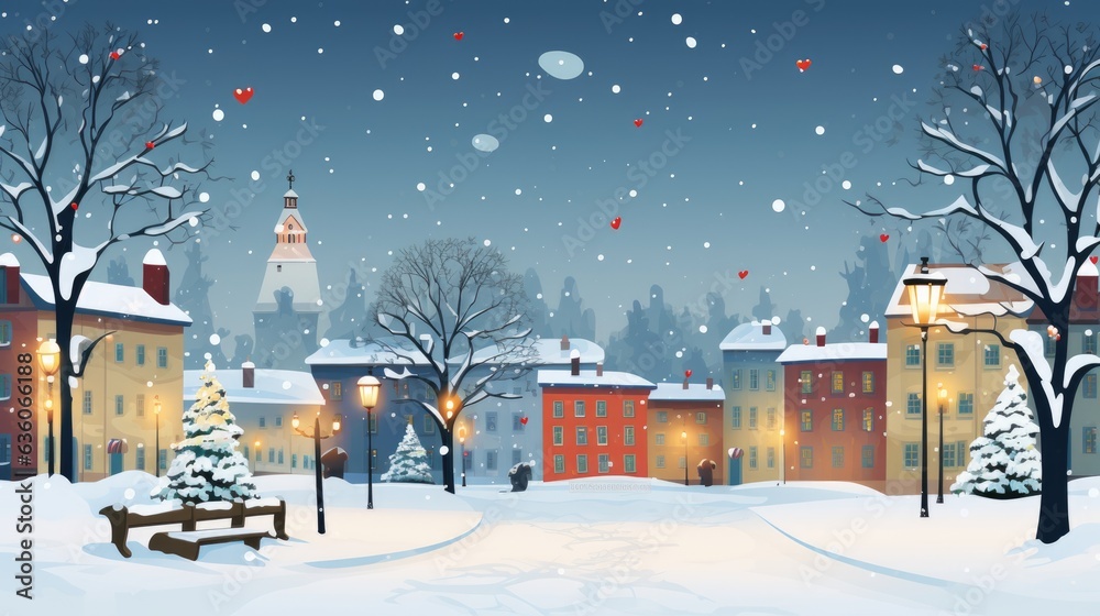 Φωτογραφία A snowy night scene with a bench in the middle of the street