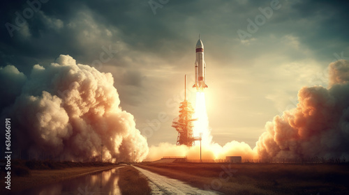 Rocket Launching into Space with Fiery Exhaust Flames illustration.