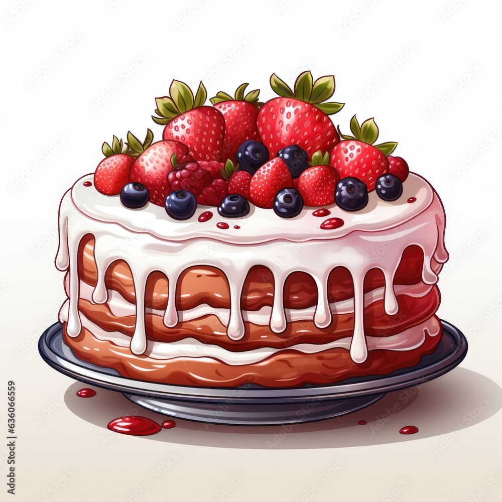 A cake with strawberries and blueberries on top. Digital image. A cake with strawberries and blueberries on top. Digital image.