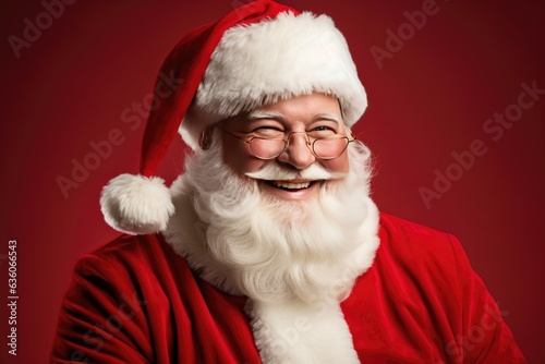 portrait of happy and cheerful santa claus on red studio background