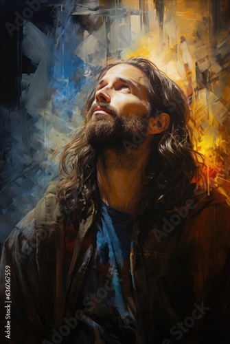 A painting of Jesus, portrait on colorful background. Digital image.